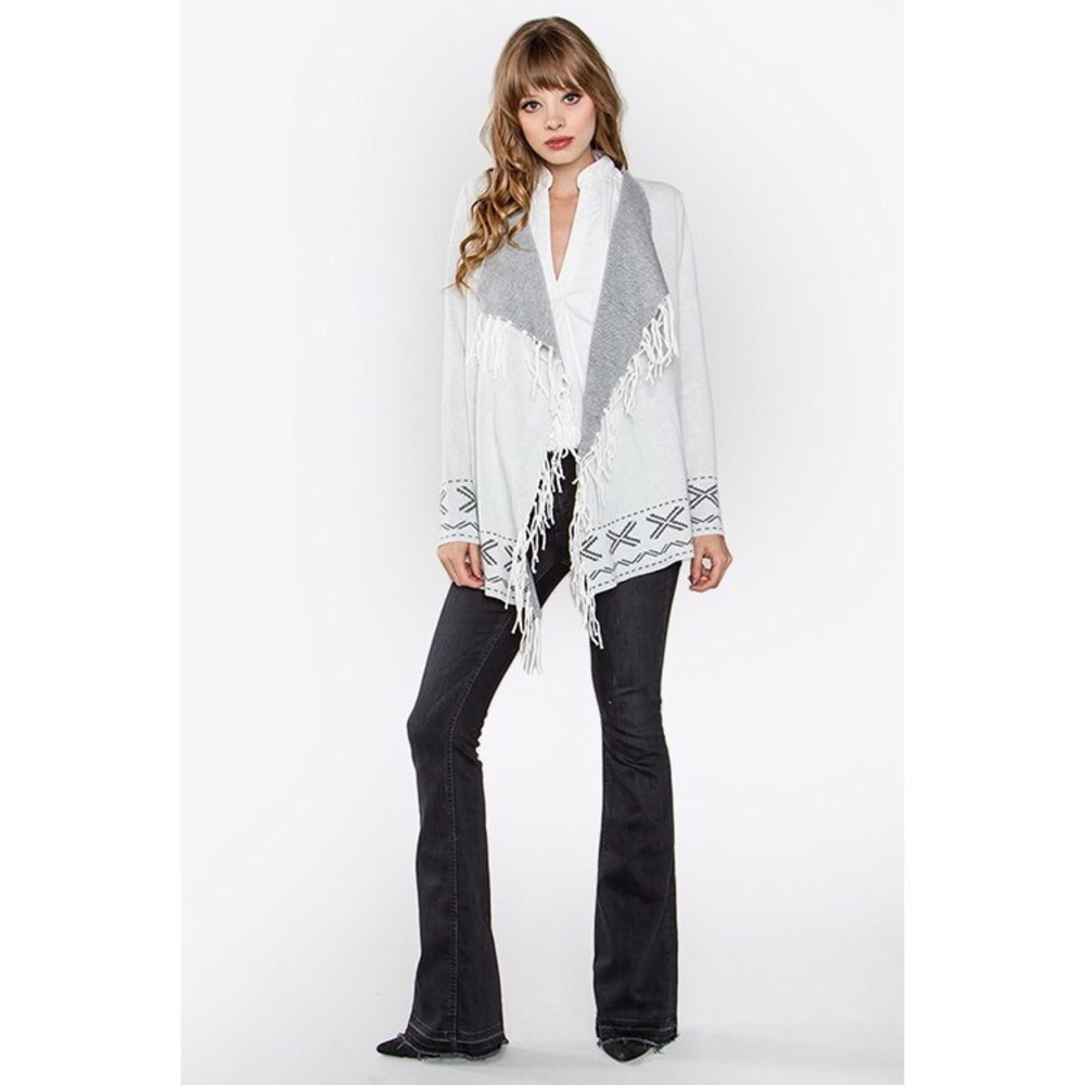 Motif Print Shawl Fringe Tassel Collar Cardigan